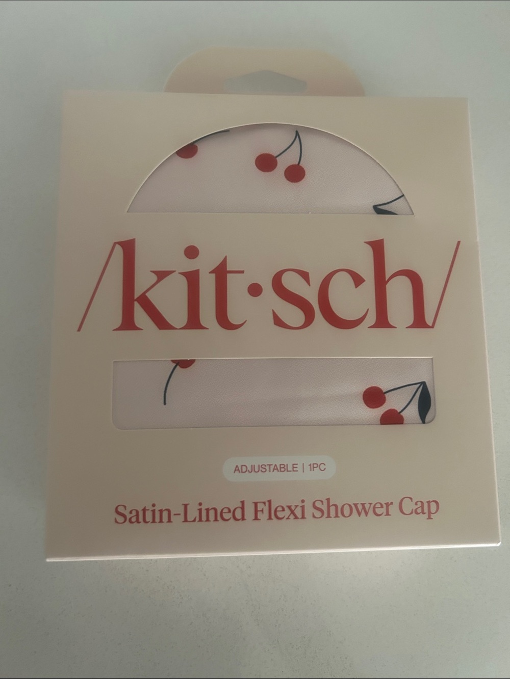 Kitsch Satin-Lined Shower Cap in White with Red Cherry Print